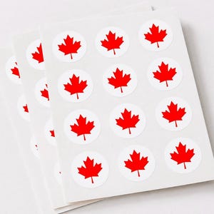 Può includere: Un foglio di adesivi circolari con un grafico a foglia d'acero canadese rosso brillante centrato su uno sfondo bianco. Gli adesivi sono disposti in una griglia su un foglio di supporto rettangolare, con più fogli impilati insieme.