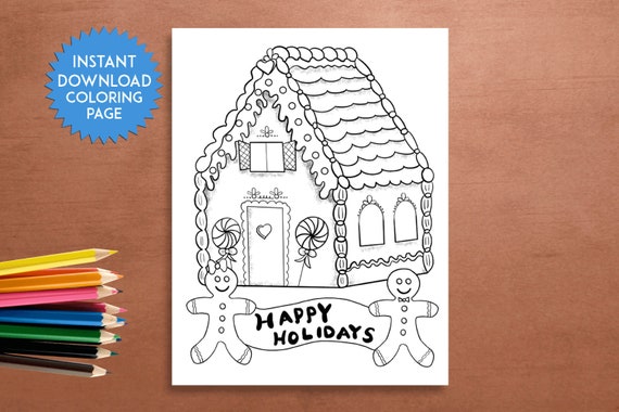 Holiday Gingerbread House Coloring Page Instant Download