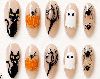 Ongles yeux de chat noirs et jaunes, Ongles citrouille fantôme et araignée, Faux ongles amande effrayants, Manucure d'Halloween mignonne, Ongles d'automne
