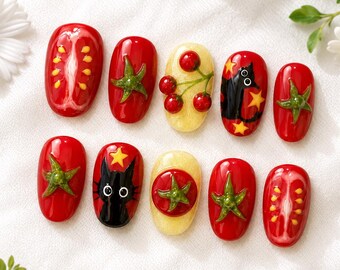 Faux ongles à motifs de tomates, ongles chat noir, ongles rouge cerise, jolis ongles d'été, ongles fruits 3D faits main, nail art jardin