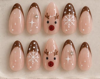 Christmas Reindeer Press On Nails, Brown French Tip Nails, Snowflake Winter Nails, Rudolph Red Nose Nails, Cute Holiday Almond Nails