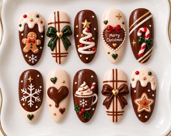 Chocolate Christmas Press On Nails, Gingerbread Bow Nails, Candy Cane Holiday Nails, 3D Cozy Winter Fake Nails, Handmade Reusable Nail Set