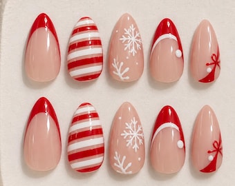 Christmas Press On Nails, Red French Tip Nails, Candy Cane Nails, Snowflake Nails, Santa Hat 3D Nails, Cute Holiday Almond Nails, Xmas Nails