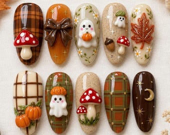 Faux ongles champignons d'automne, ongles fantômes d'automne mignons, ongles citrouille cottagecore, ongles à carreaux pour Halloween, kit d'ongles 3D forêt