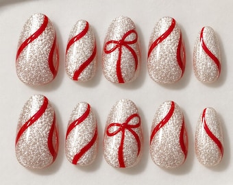 Christmas Ribbon Press On Nails, Red Bow Silver Glitter Nails, Candy Cane Holiday Nails, Festive Almond Nails, Christmas Gift Nails