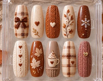 Cozy Fall Press On Nails, 3D Sweater Knit Nails, Autumn Plaid Maple Leaf Nails, Pumpkin Spice Coffee Nails, Brown Neutral Fake Nails