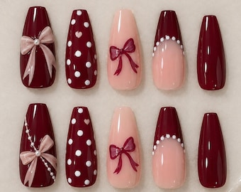 Burgundy Coquette Press On Nails, Wine Red Bow Nails, Polka Dot Nails, Pearl French Tip Nails, Romantic Girly False Nails