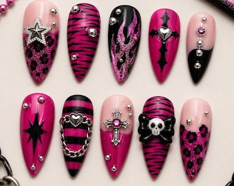 Faux ongles gothiques roses Y2K, ongles punk roses et noirs, kit d'ongles léopard et zèbre, ongles chromés crâne, nœud et étoile, faux ongles gothiques emo