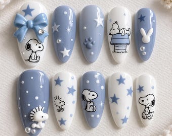 Winter Dogs Press On Nails, Let It Snow Nails, Blue Snowflake Christmas Nails, Cozy Sweater Nails, Cute Hand Painted Winter Nail Set
