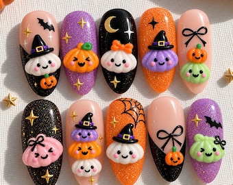 Faux ongles pailletés en forme de raviolis d'Halloween, ongles kawaii tout doux, ongles mignons et effrayants, kit d'ongles citrouille sorcière pour Halloween