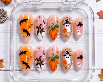 Ongles fantômes citrouille effrayants, ongles chauve-souris noirs, ongles floraux fantaisistes, ongles d'automne peints à la main, ensemble d'ongles sorcière, ongles effet coulures de sang citrouille