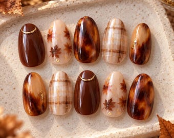 Autumn Tortoiseshell Press On Nails, Brown Plaid Fall Nails, Maple Leaf Nails, Amber Marble Nails, Cozy Fall Almond Nails, Glossy Nails