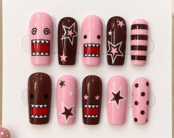 Faux ongles à coller Y2K roses et marrons monstres, nail art étoiles mignon, ongles kawaii Y2K, ongles rayés style dessin animé, faux ongles carrés moyens