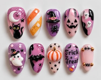 Faux ongles roses pour Halloween, ongles fantômes et sorcières mignons, ongles citrouille chat noir, ongles 3D effrayants, ongles pour Halloween « Des bonbons ou un sort »