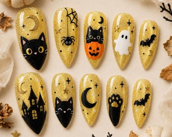 Ongles citrouille fantôme chat noir, Ongles célestes effrayants, Kit d'ongles d'Halloween mignon, Faux ongles chat d'Halloween, Ongles œil de chat doré