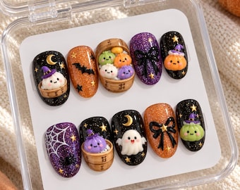 Faux ongles à motifs de raviolis mignons, ensemble d'ongles pailletés et effrayants, ongles kawaii pour Halloween, nail art 3D coloré avec des raviolis, ongles d'automne ensorcelants, faits main