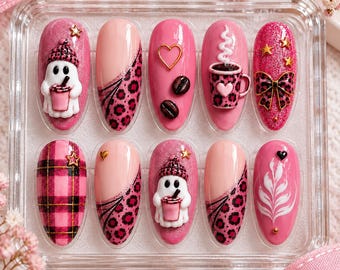 Faux ongles léopard fantôme café, ongles fantôme, ongles imprimé léopard, ongles automne neutres avec nœud doré, cadeau pour les amatrices de café, costume d'Halloween 01