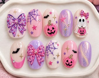 Preppy Ghost Coquette Press On Nails, Pink Halloween Ghost Bow Nails, Girly Fall French Tips, Cute Pink Pumpkin Handmade Nails