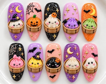 Faux ongles pailletés en forme de raviolis pour Halloween, ongles mignons et moelleux en forme de raviolis, ongles kawaii pour Halloween, nail art 3D en forme de raviolis, ongles d'automne effrayants
