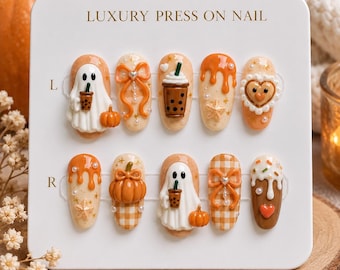 Faux ongles d'automne, ongles citrouille fantôme mignons, ongles thé boba, ongles 3D automne, ongles à carreaux orange, faux ongles kawaii Halloween