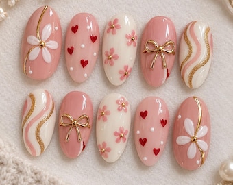 Pink Coquette Press On Nails, Gold Bow Nails, Floral Heart Almond Nails, Romantic Blush Pink Nails, Cute Feminine Handmade Nail Set