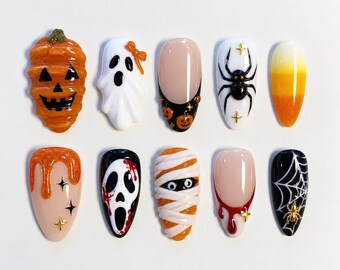 Ongles fantômes effrayants, Ongles toile d'araignée citrouille, Ongles criards, Ongles momie, Ongles d'Halloween peints à la main, Ongles momie criarde, Ongles effet coulures de sang