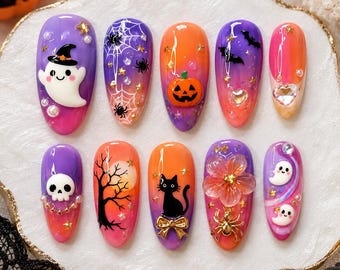 Ongles à coller « Citrouille joyeuse » pour Halloween, ensemble d'ongles citrouille fantôme violette et orange, ongles 3D araignée chauve-souris chat noir, ongles d'automne kawaii effrayants 1