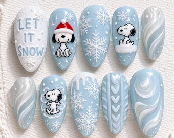 Winter Dog Cartoon Press On Nails, Let It Snow Nails, Blue Snowflake Christmas Nails, Cozy Sweater Nails, Cute Hand Painted Winter Nail Set