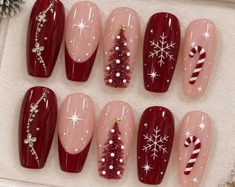 Burgundy Christmas Press On Nails, Christmas Tree Snowflake Nails, Candy Cane Nails, Red Holiday Nails, Winter Glossy Nail Set