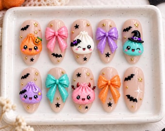 Ongles à presser en forme de raviolis, ongles mignons pour Halloween, raviolis pailletés pour Halloween, ongles kawaii effrayants, nail art nœud 3D, ongles sorcière chauve-souris automne