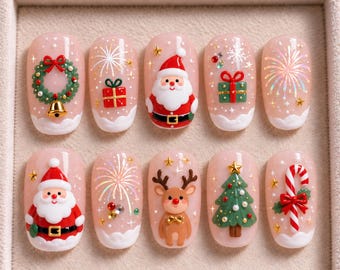 Cute Santa Reindeer Nails, Christmas Tree Candy Cane Nails, Festive Holiday 3D Nail Art, Winter Gift for Her, Christmas Press On Nails