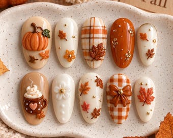 Fall Pumpkin Press On Nails, Autumn Plaid Bow Nails,  Maple Leaf Nail Art, Cozy Coffee Nails, 3D Bow Nails, Thanksgiving Fake Nails,