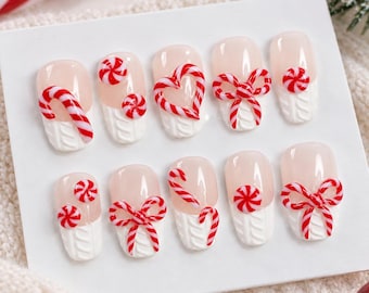 Christmas Press On Nails, 3D Candy Cane Nails, Peppermint Bow Nails, Cozy Sweater Medium Almond Nails, Red White Holiday Nails, Gift for Her