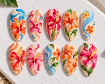Faux ongles hibiscus colorés, ongles floraux tropicaux, ongles abstraits à motifs tourbillonnants, fête d'été, cadeau rétro Y2K pour elle