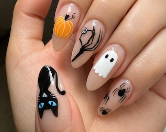 Faux ongles d'Halloween, ongles chat noir, ongles fantôme et araignée, nail art citrouille, ongles amande effrayants, jolis faux ongles d'Halloween