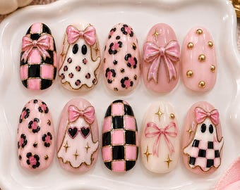Coquette Ghost Press On Nails, Girly Halloween Nails, Pink Spooky Nails, Preppy Ghost Nails, Leopard Checkerboard Nails, Cute Halloween Nail