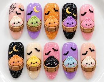 Faux ongles mignons pour Halloween, ongles moelleux en forme de raviolis, ongles à paillettes en forme de raviolis, ongles kawaii pour Halloween, ongles nœud 3D, ongles mignons et effrayants