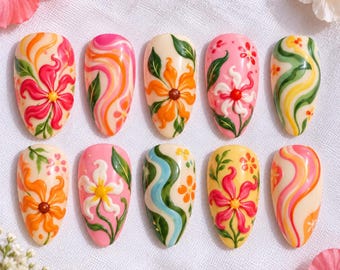 Faux ongles à motifs floraux tropicaux, ongles peints à la main avec des fleurs, ongles tourbillonnants colorés, nail art rétro et groovy avec hibiscus d'été, ongles floraux 3D