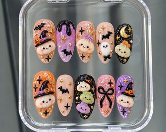 Faux ongles pailletés en forme de raviolis d'Halloween, ongles kawaii effrayants, ongles 3D moelleux en forme de raviolis, ongles d'Halloween sorcière, joli ensemble d'ongles faits main