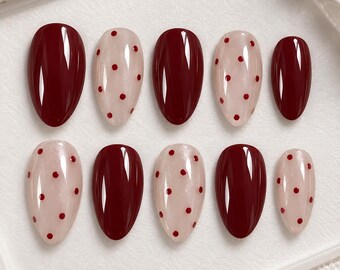 Burgundy Polka Dot Press On Nails, Wine Red Nails, Milky Nude Almond Nails, Minimalist Fall Nails, Classy Glossy Handmade Nail Set