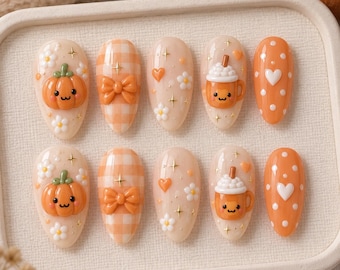 3D Pumpkin Press On Nails, Cute Fall Nails, Pumpkin Spice Nails, Orange Gingham Bow Nails, Kawaii Autumn Nails, Cozy Fall Nail Art