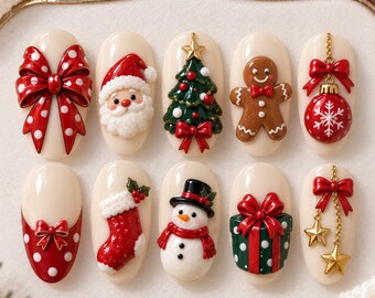 Retro Christmas Press On Nails, 3D Christmas Charms Nails, Polka Dot Bow Nails, Christmas Tree Nails, Girly Holiday Nails, Xmas Gift