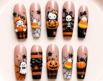 Ongles citrouille fantôme mignons, ongles squelette 3D, ongles bonbons de maïs, carreaux orange et noir, ongles kawaii effrayants, kit d'ongles d'automne, faux ongles d'Halloween