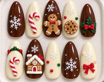 Christmas Press On Nails, 3D Gingerbread Nails, Candy Cane & Snowflake Nails, Chocolate Brown Holiday Nails, Cute Winter Fake Nails