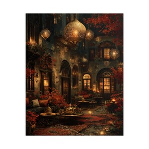 May include: An outdoor courtyard scene featuring ornate gold metal pendant lanterns with intricate cut-out patterns, glowing warm light, plush seating with dark cushions, a metallic teapot on a low table, and vibrant red foliage in a dark setting.