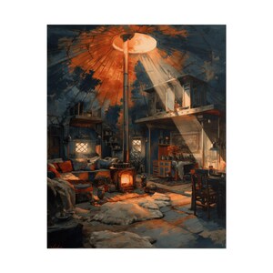 Cozy Watercolor Interior Print, Persian Rug Salon, Lanterns, Ruby Red Gold Decor