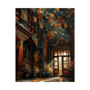 Bhutanese Dzong Watercolor Print, Himalayan Temple Interior, Butter Lamp Prayer Flag Art