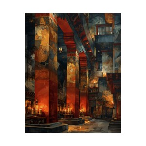 May include: An interior view of a temple featuring tall, rectangular pillars painted in vibrant red and adorned with intricate, multi-colored murals. The space is illuminated by warm, glowing candles placed on altars, casting soft light.