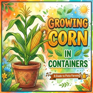 Peut inclure: Une illustration graphique carrée montrant un plant de maïs dans un pot décoratif marron. Le texte indique GROWING CORN IN CONTAINERS et A Guide to Patio Farming. Le fond est une aquarelle colorée avec un soleil jaune et des feuilles vertes.