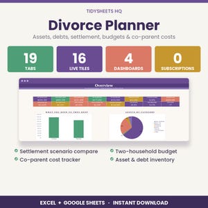 Divorce Planner Spreadsheet | Asset, Debt + Settlement Tracker | Separation Budget + Co-Parenting Costs | Excel + Google Sheets